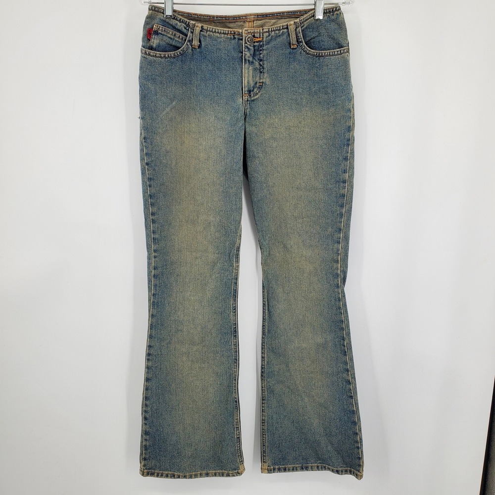 Bug Girl Vintage Y2K Flare Jeans Blue Medium Wash Heart Embroidery Low Rise 9‎